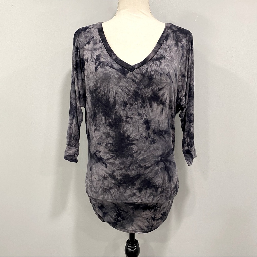 Women’s S Gray Black Tie Dye Watercolor 3/4 Sleeve Ruched Hippie Boho Artsy Top